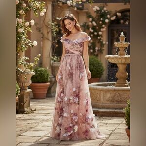 Marchesa Notte Off-the-shoulder Pintucked Printed Tulle Gown